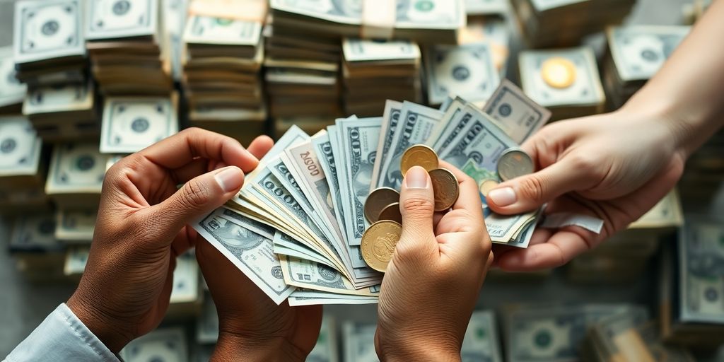 Diverse hands holding various currency notes and coins.