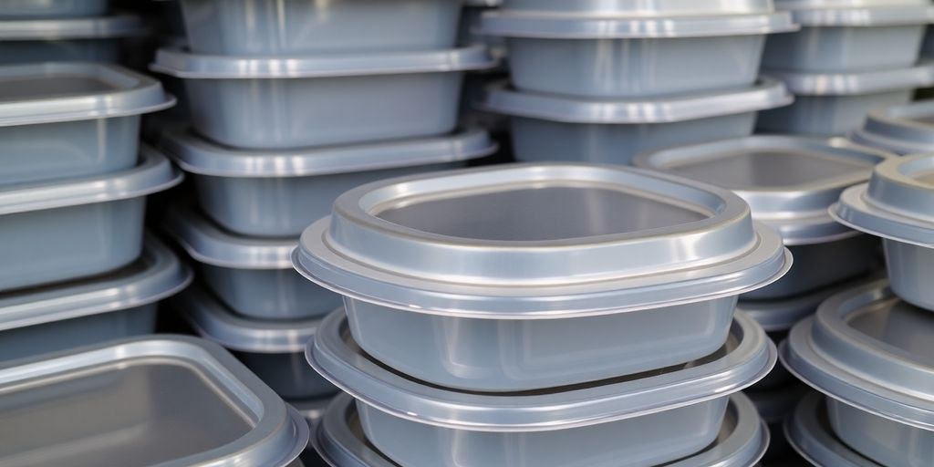 Stack of clean, reusable food containers.