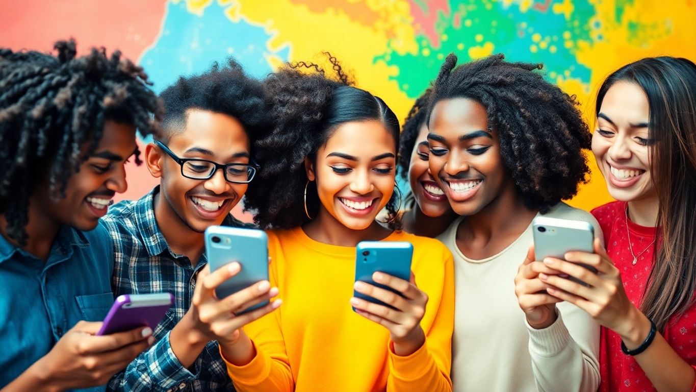 Diverse young individuals engaging with phones in vibrant setting.