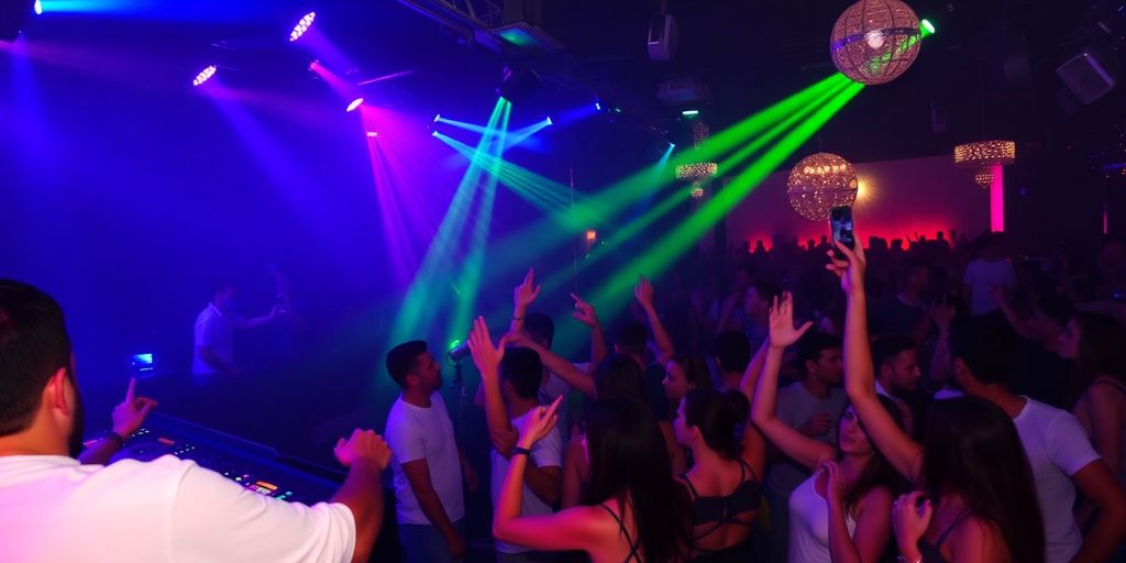 DJ in a lively Ibiza nightclub with dancing crowd.