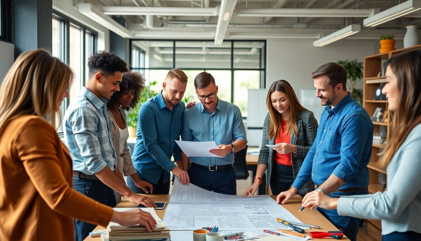 Team collaborating on office refurbishment project.