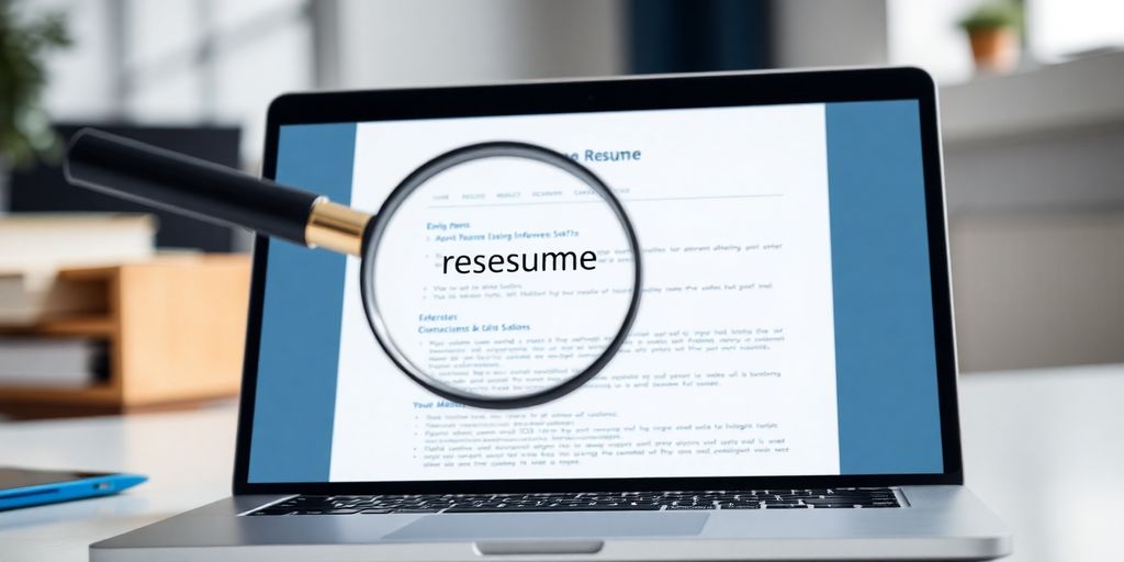 Resume on a laptop screen, with a magnifying glass.