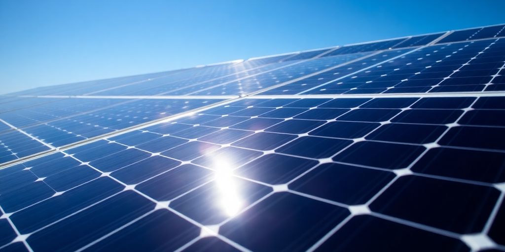 Close-up of solar panels under clear blue sky.