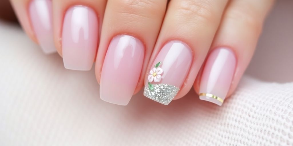 Unhas de gel decoradas em cores claras e elegantes.