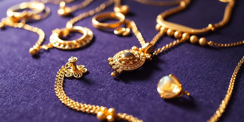 Bijoux en or sur un fond en velours.