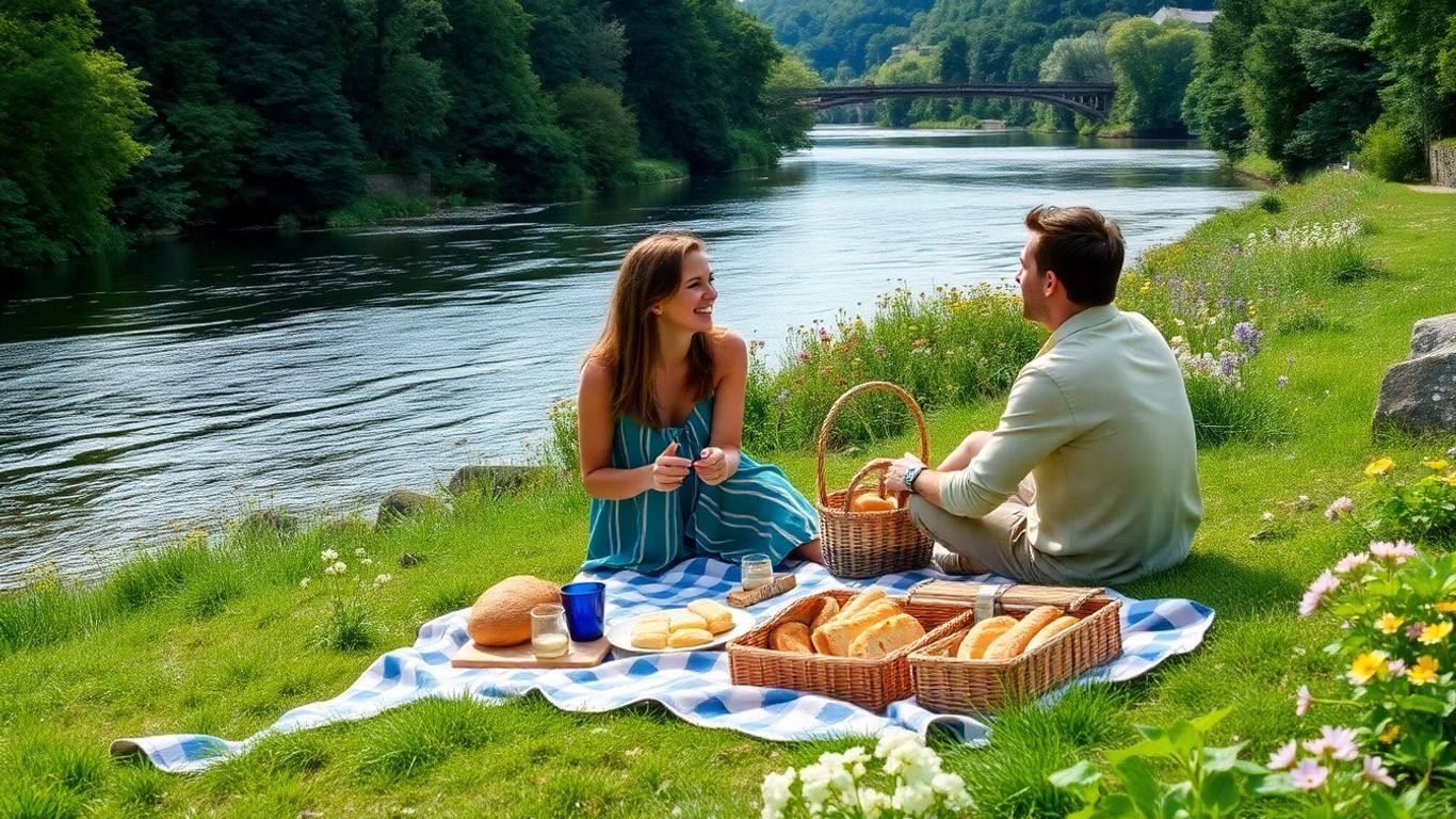 Couple having riverside picnic with fresh bread in Totnes