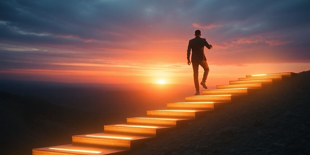 Person climbing upward path toward bright future.