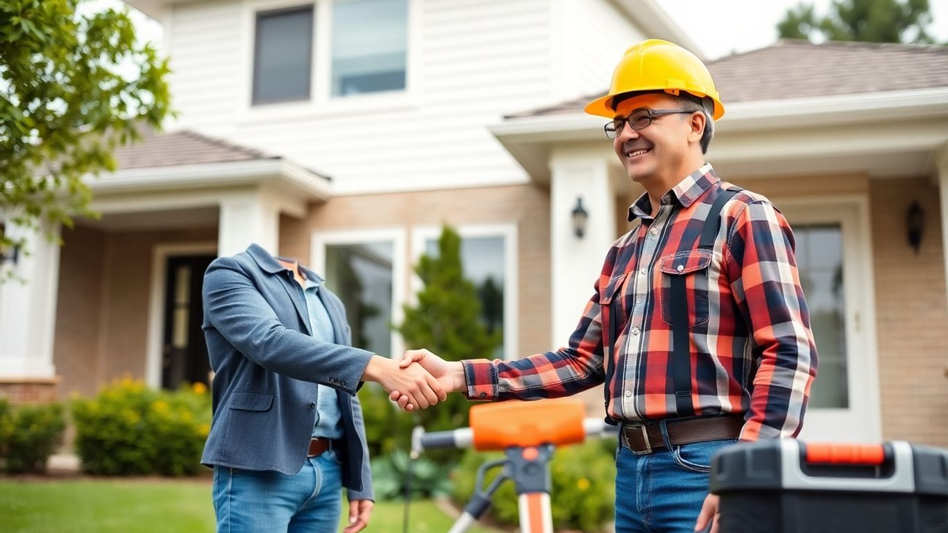 Contractor and homeowner shaking hands outside house