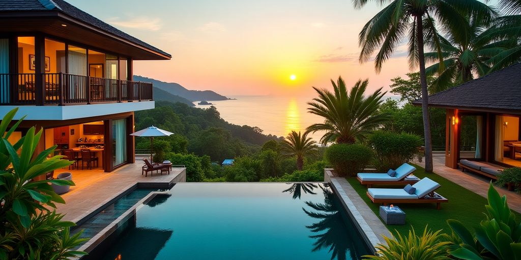 Tropical landscape with luxurious villas in Phuket.