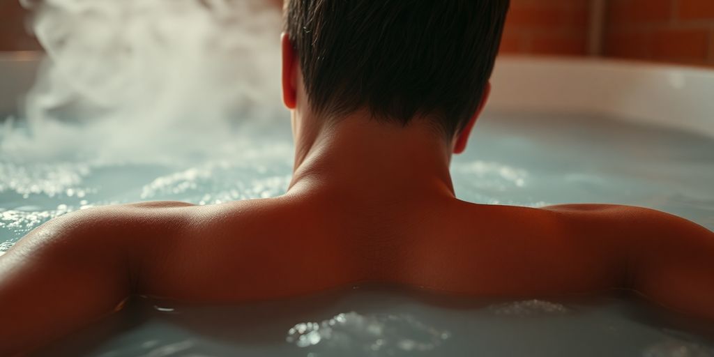 Person relaxing in bubbling hot tub.