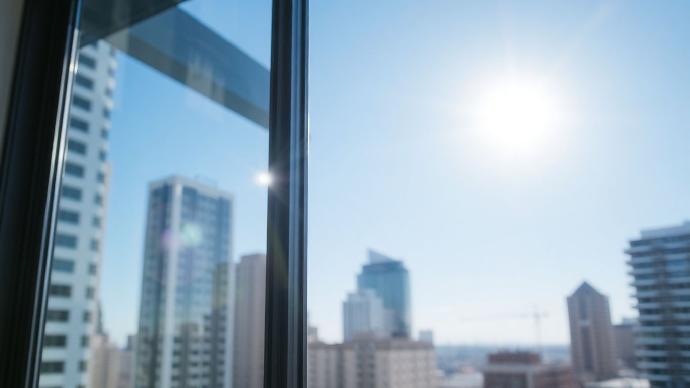Crystal clear window overlooking a vibrant, sunny cityscape.