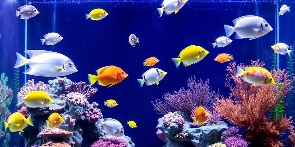 Peces marinos coloridos en un acuario bien decorado.