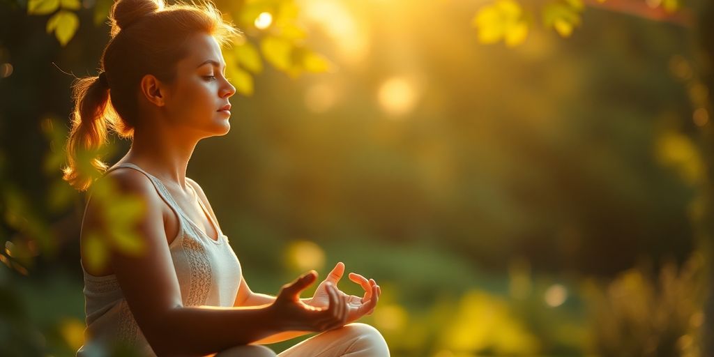 Person meditating peacefully outdoors in warm sunlight.