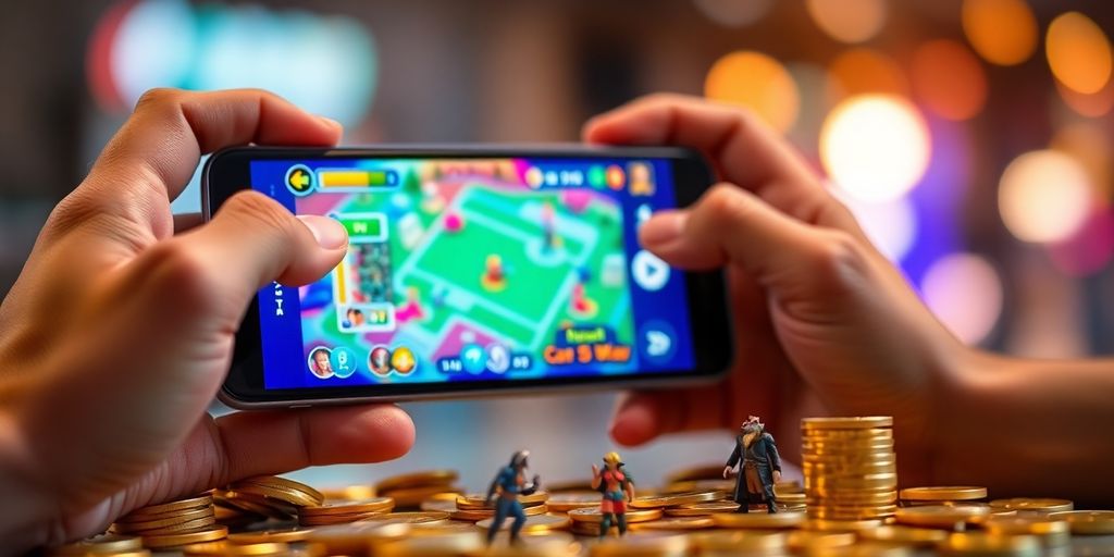 Player hands holding phone, coins, game characters.