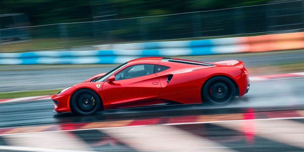 Voiture de course rouge filant sur une piste asphaltée.