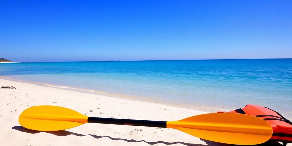 Kayak paddle and life vest on a sandy beach.