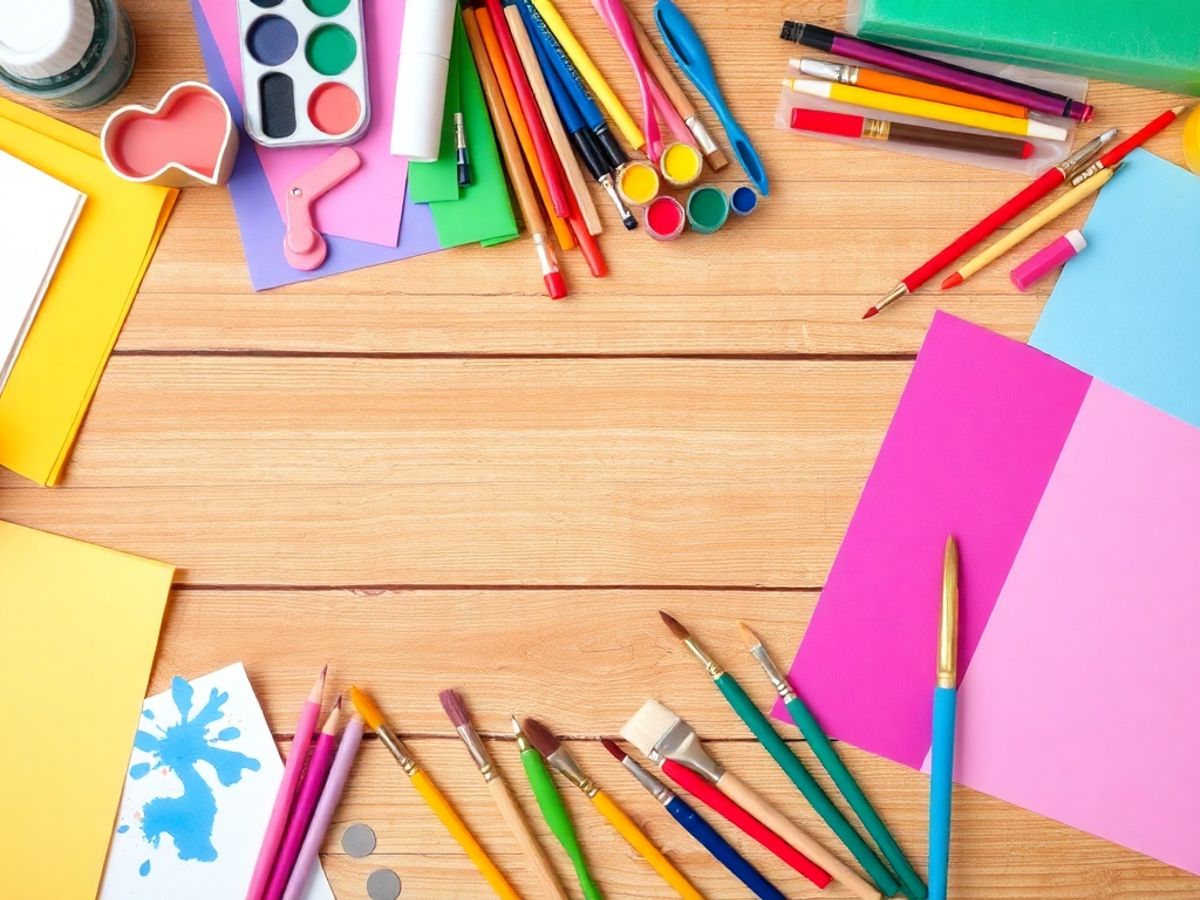 Materiale creative pentru copii, cum ar fi culori și pensule.