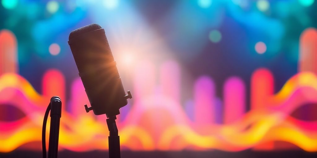 Podcast microphone with a glowing light.