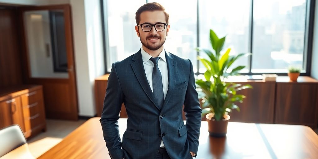 Professional standing confidently in office.