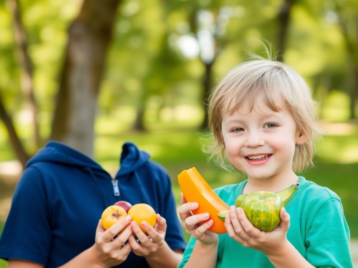 Copil fericit mâncând fructe proaspete într-un parc.