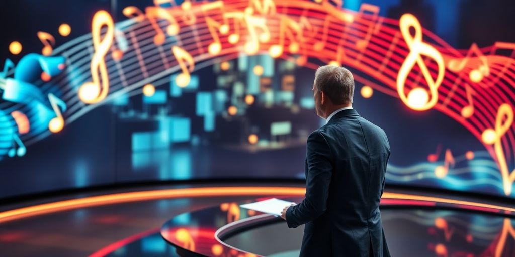 A news anchor with musical notes in the background.
