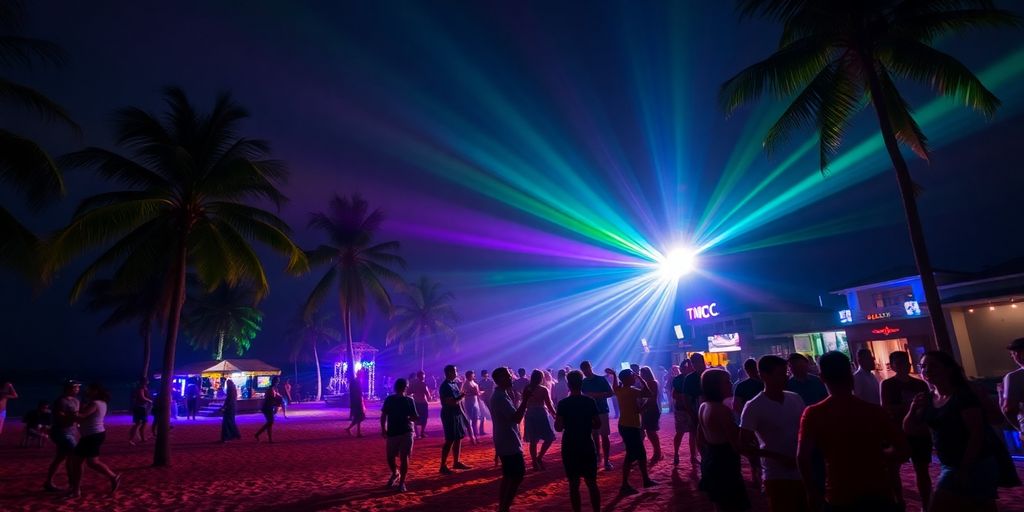 Vibrant beach nightlife with lights, music, and people.