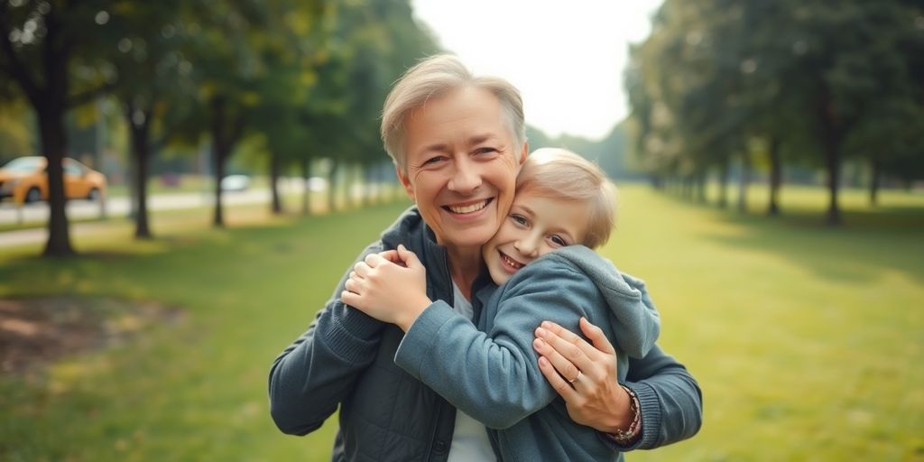 Parent and child embracing in a joyful reunion.