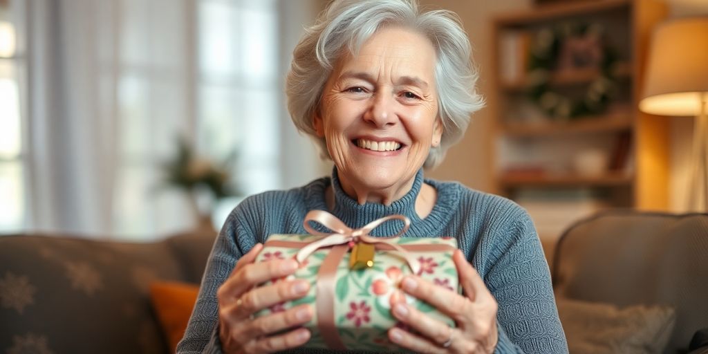 Grandmother smiling, holding a thoughtful gift.