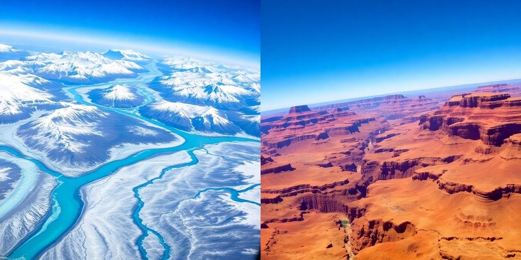 Aerial split-view of Alaskan glaciers and the Grand Canyon.