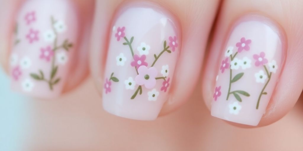 Unhas decoradas com florzinhas delicadas em tons suaves.