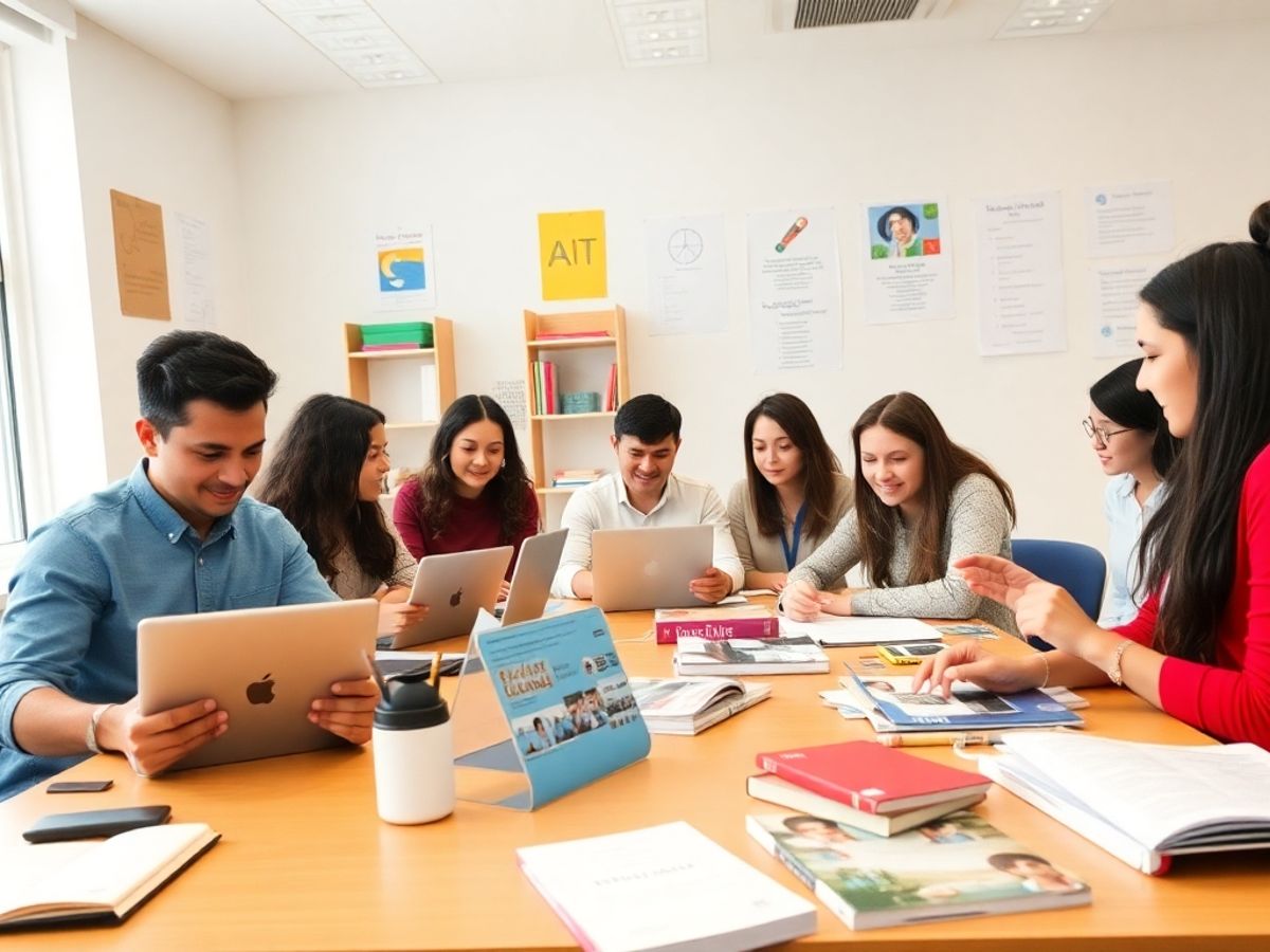 Diverse learners using laptops in a modern classroom.