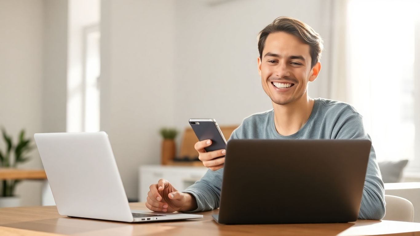 Pessoa jovem usando laptop e celular em casa iluminada