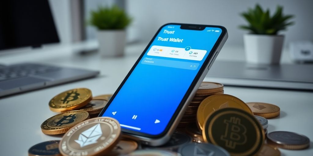 Smartphone with Trust Wallet app and cryptocurrency coins.