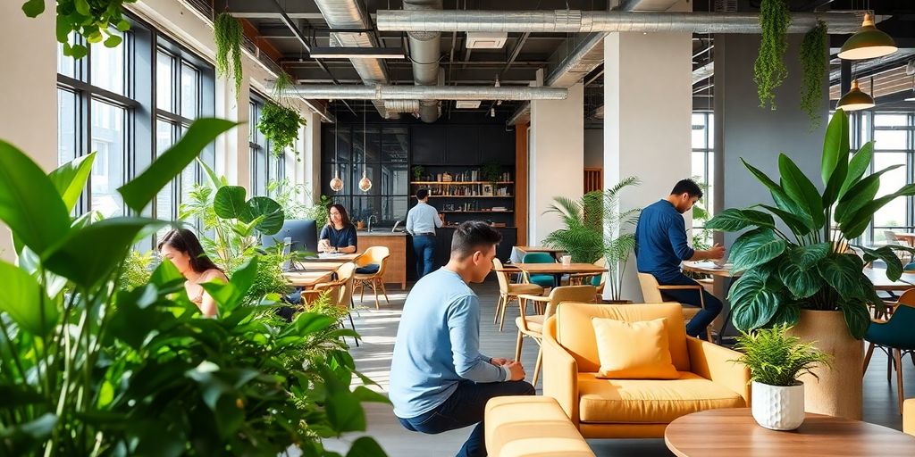 Eco-friendly coworking space in Shanghai with greenery.