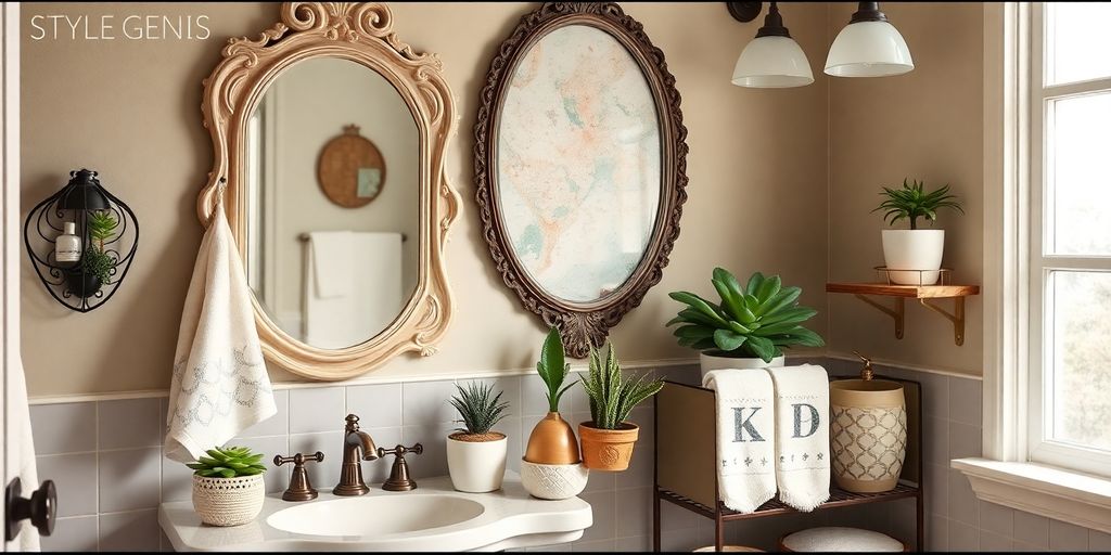 Stylish bathroom decor with vintage mirror and succulents.