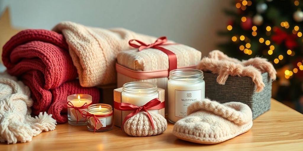 Cozy gifts including blankets, candles, and slippers.