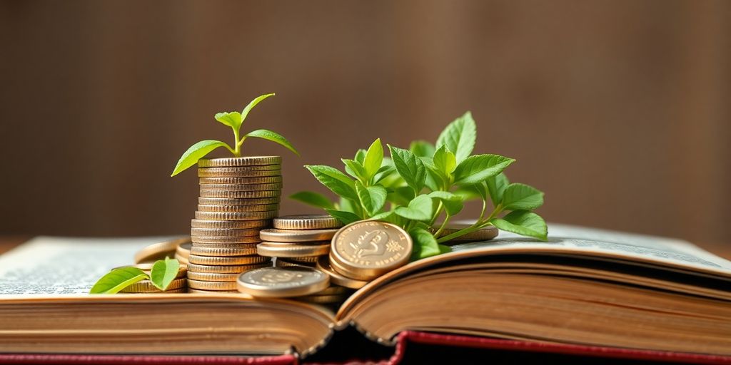 Coins and money plants growing from open book.
