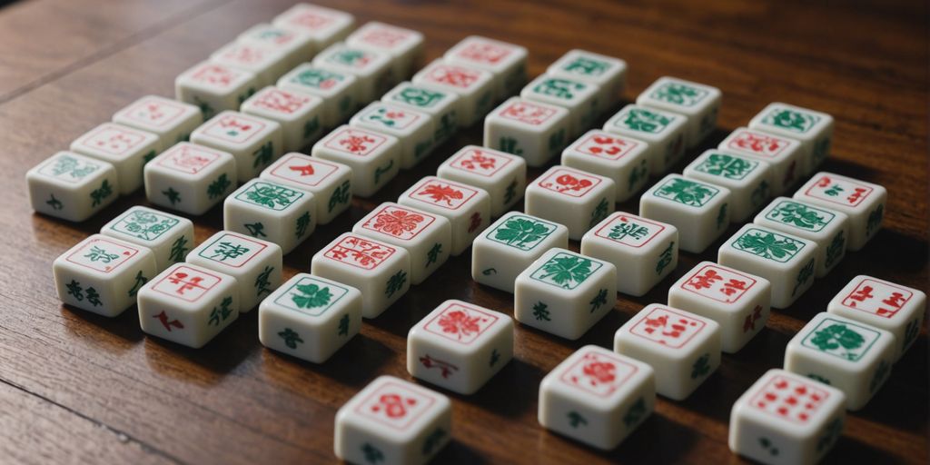 Mahjong tiles neatly arranged on a wooden table.