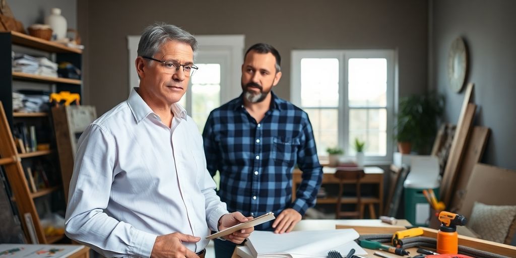 Propriétaire inspectant une propriété locative avec des outils.