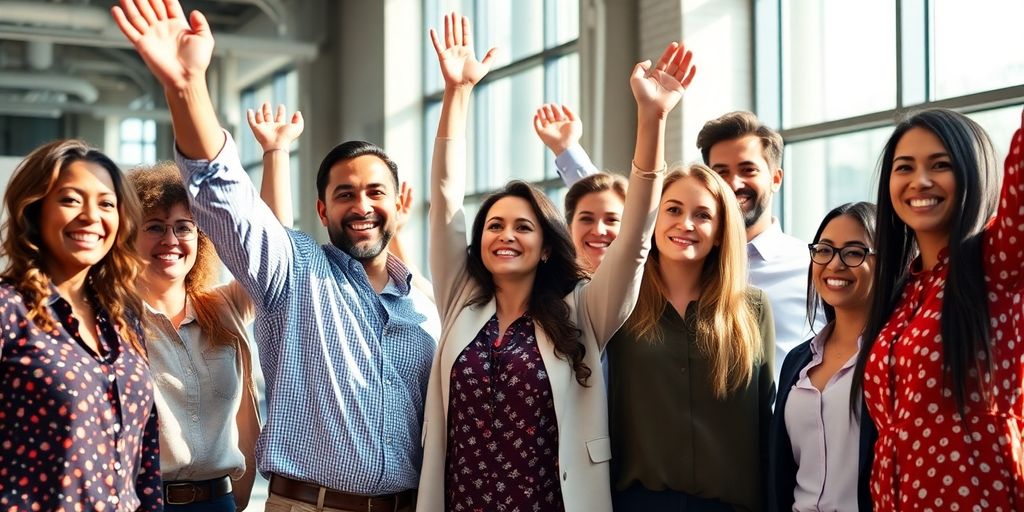 Happy diverse team celebrating, office background.
