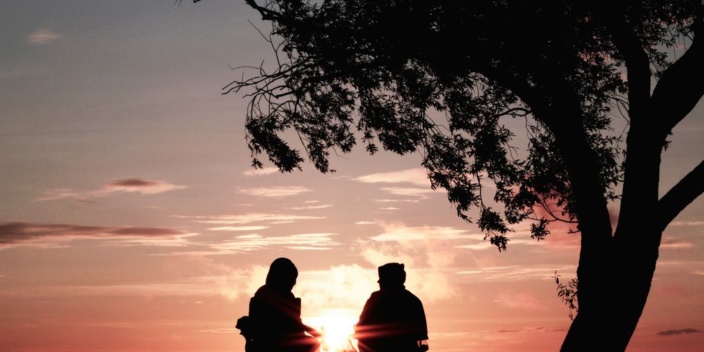 silhouette of two person sitting on chair near tree