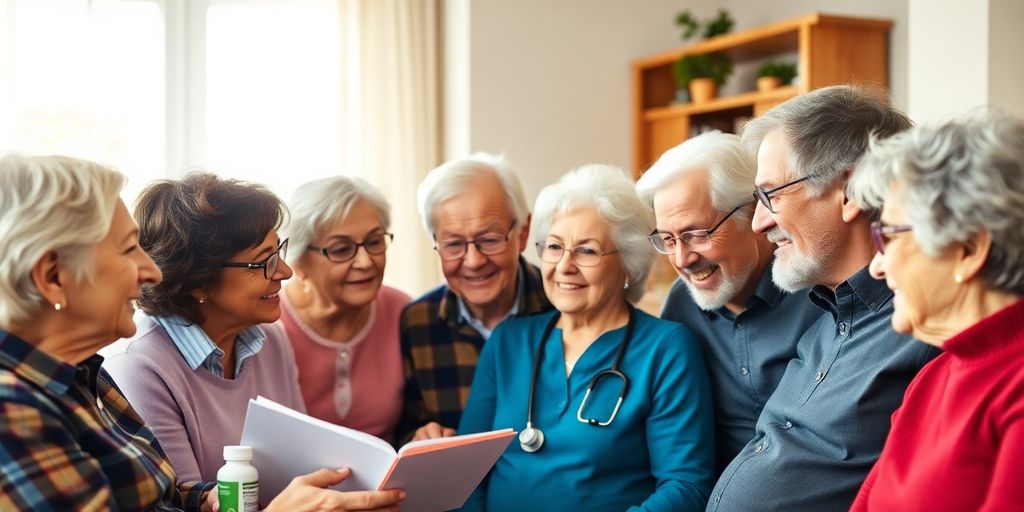 Seniors discussing Medicare options with medication bottles present.