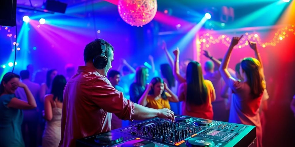 DJ mixing music at a lively celebration with guests.