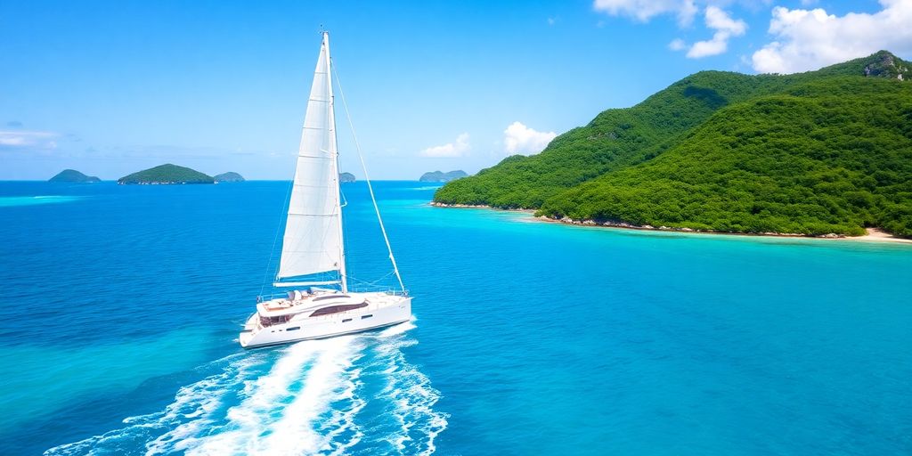 Sailboat glides through turquoise BVI waters.