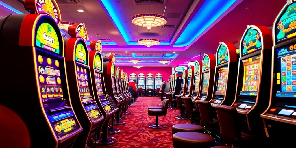 Bright casino scene with slot machines and chips.