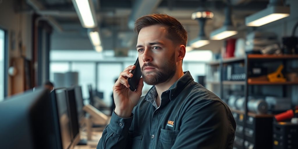 HVAC technician on the phone in an office setting.