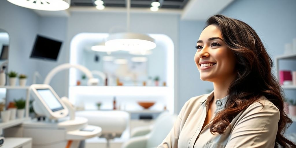 Influyente en clínica estética conversando con una clienta.