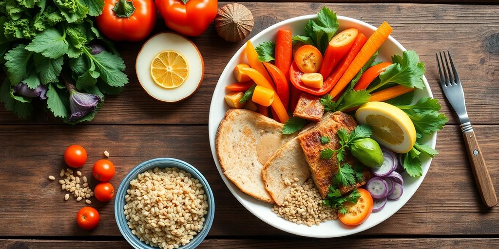 Nutritious meal ingredients arranged on a wooden table.