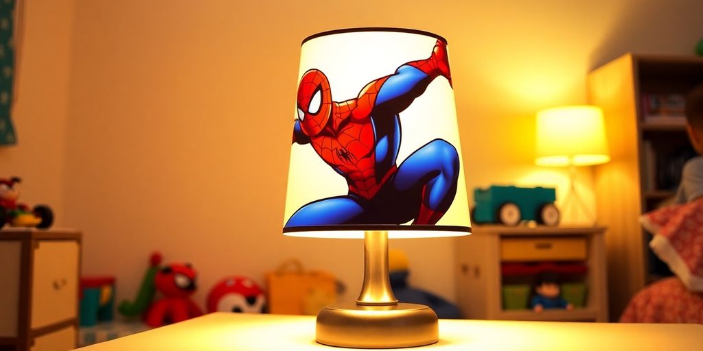 Spider-Man lamp shade illuminating a child's bedroom.