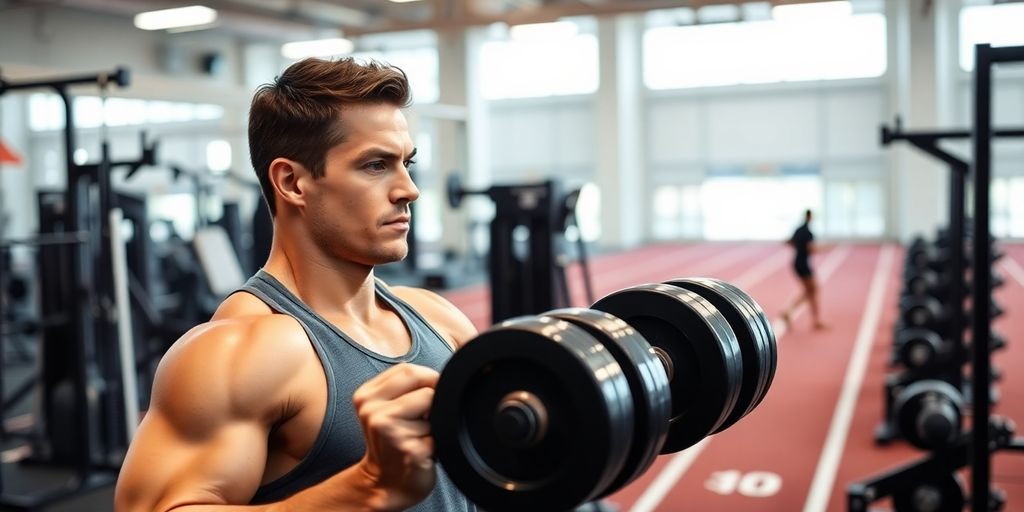 Athlete lifting weights in a gym setting.
